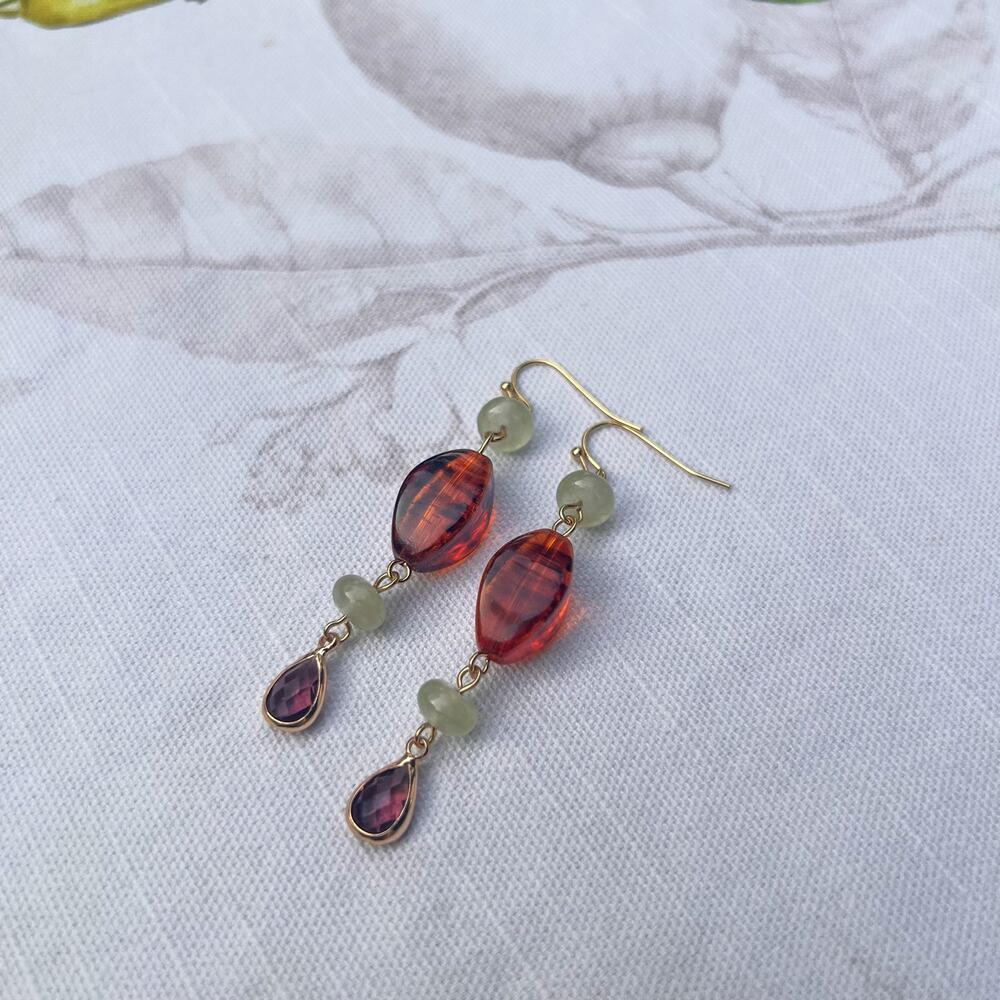 Amber Garnet Wine Red Crystal Glass Cantaloupe Fruit Green Casual Earrings - Picture 2 of 6